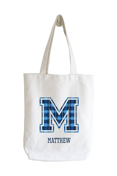 Personalised Tote Bag - Blue Plaid Initial