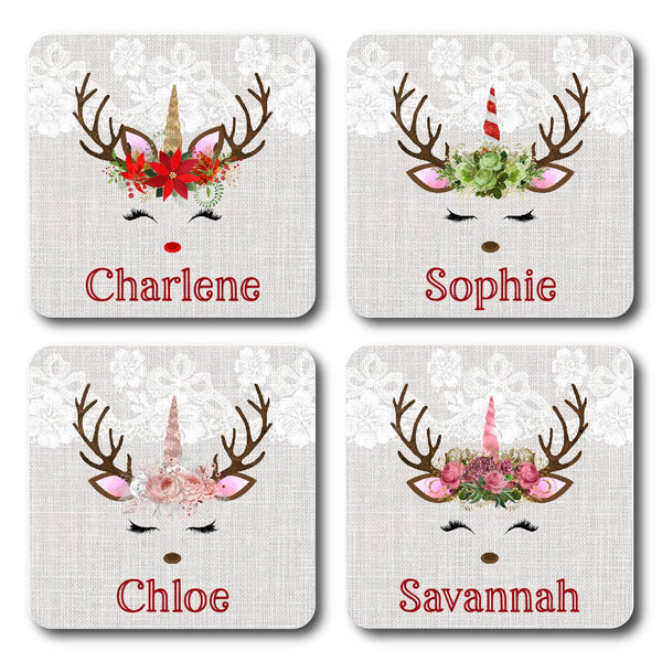 Personalised Coaster - Christmas Reindeer Unicorn